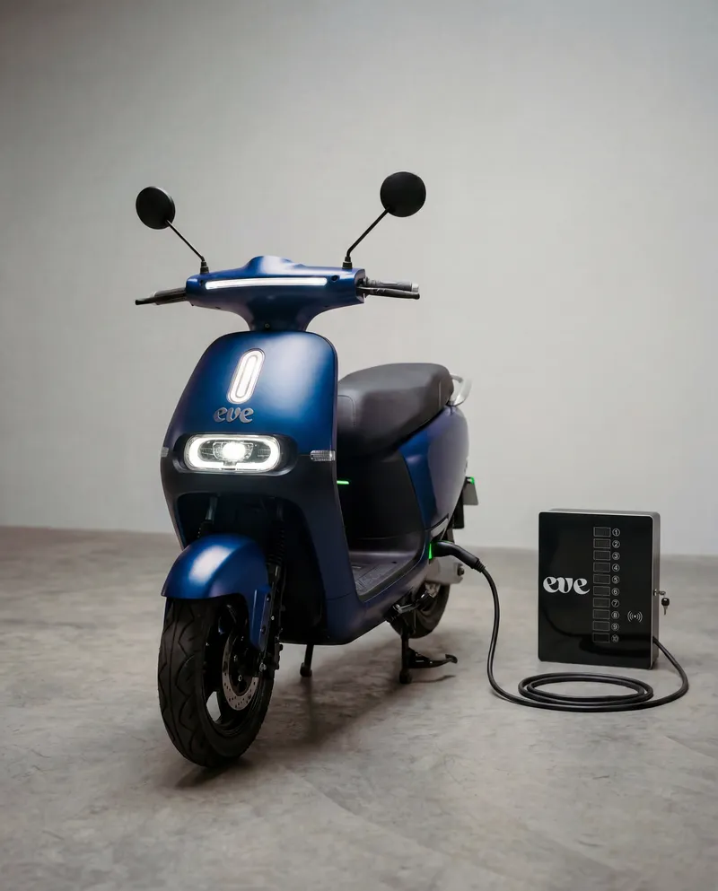 Blue EVE smart scooter plugged into a black EVE charging station