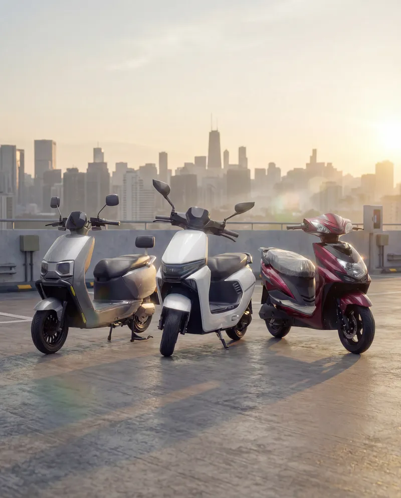 EVE E Series electric scooters on a rooftop at sunset overlooking a city skyline