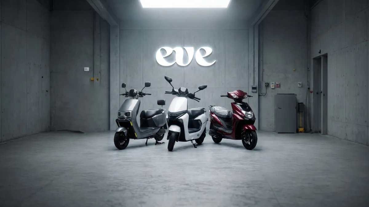 EVE E Series electric scooters parked in a neon-lit garage at night