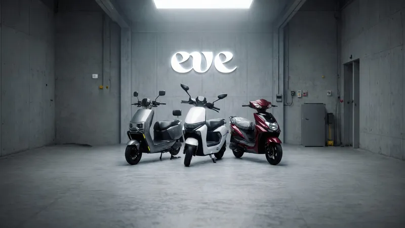 EVE E Series electric scooters in a neon-lit garage, showing the lineup's sculpted design language