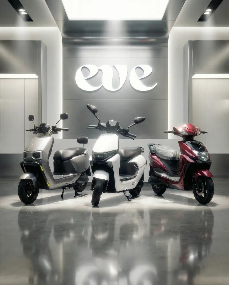 The EVE E Series electric scooters — E10, E20 and E05 — displayed in a showroom