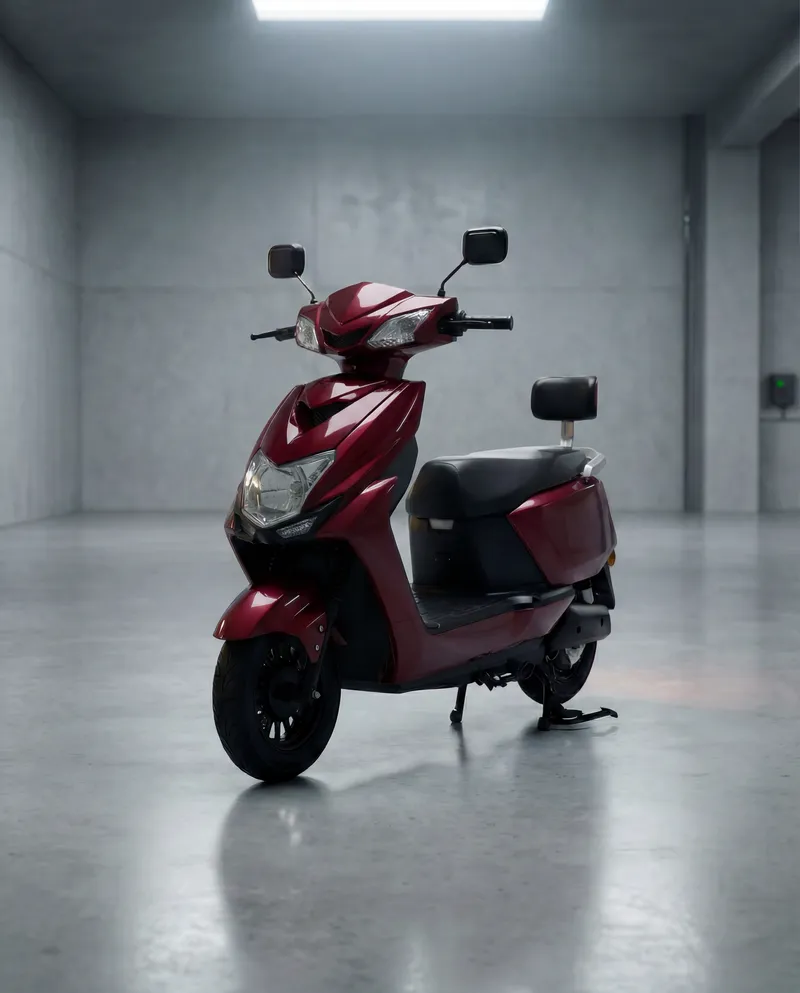 EVE E05 electric scooter in maroon, studio shot