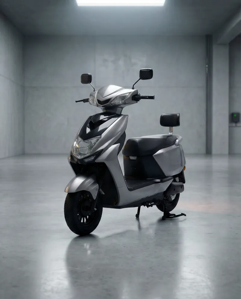 EVE E05 electric scooter in silver, studio shot