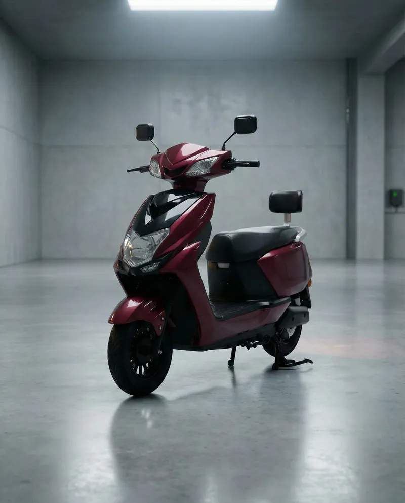 Maroon EVE E05 electric scooter parked in an industrial warehouse