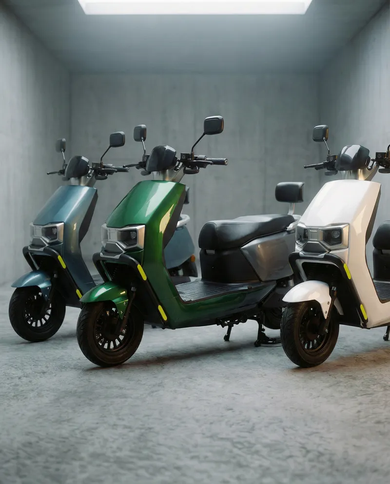 EVE E10 electric scooters in Blue, Green and White colour options side by side