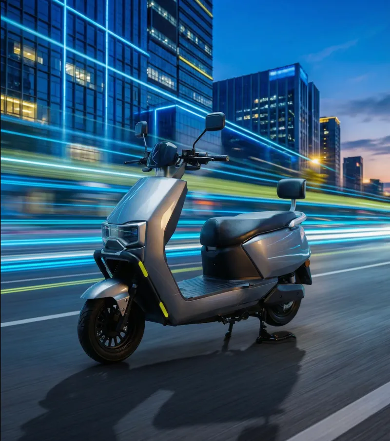 EVE E10 riding through a city at night with motion-blurred light trails
