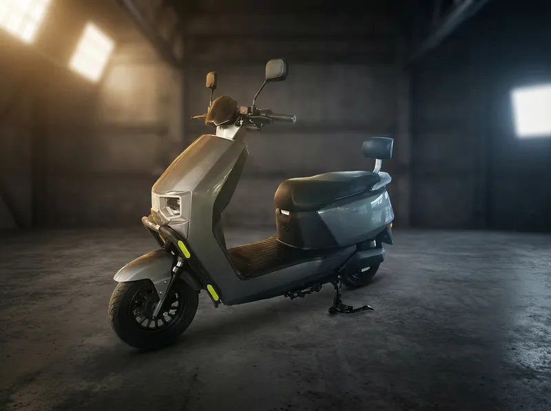 EVE E10 electric scooter under dramatic warehouse lighting