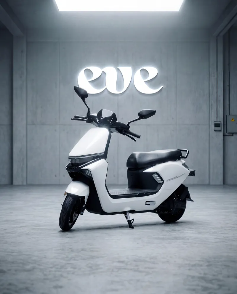 EVE E20 parked in front of an illuminated EVE logo wall