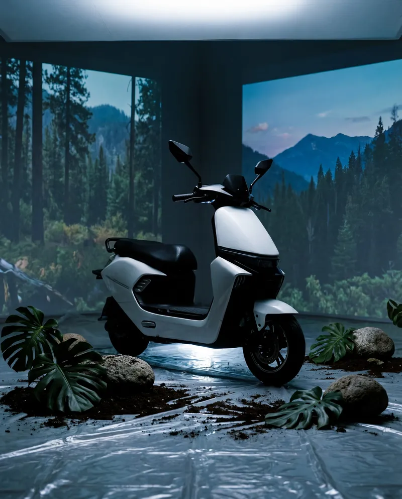 EVE E20 electric scooter in a forest scene with projected light patterns