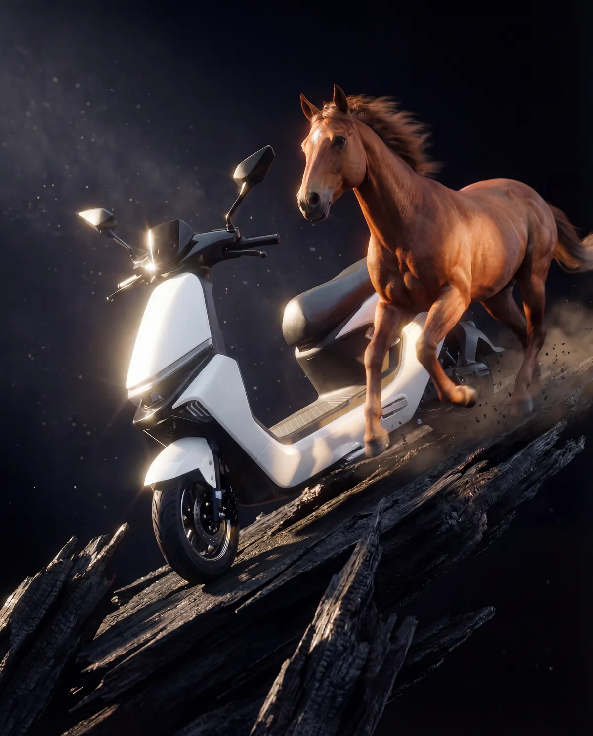 EVE E20 electric scooter beside a horse — the brand's metaphor for its 1200W motor's power