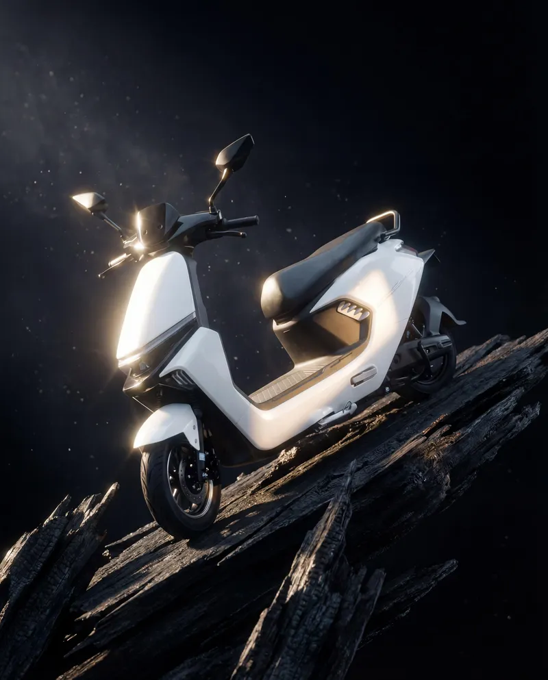 EVE E20 electric scooter with a dramatic burst of light behind it