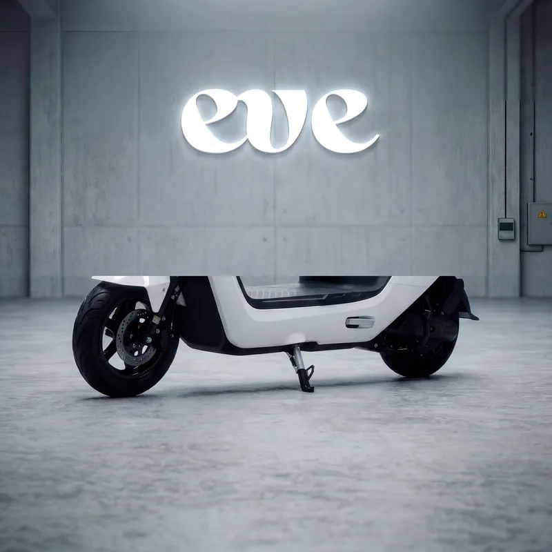 EVE E20 electric scooter in profile under neon lighting