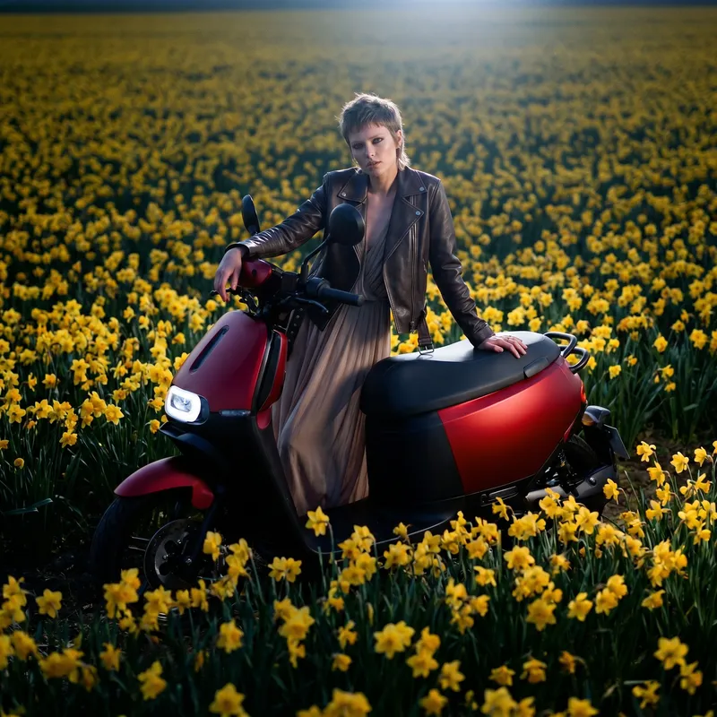 Rider with a red EVE scooter in a field of yellow daffodils under open sky