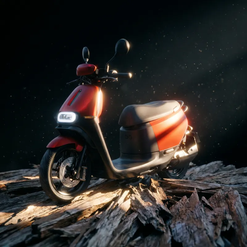 EVE brand campaign image of a smart electric scooter on moonlit rocks at night